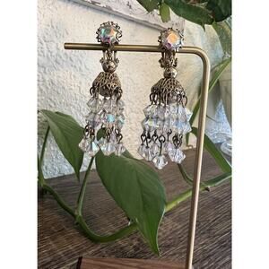 Unique Vintage Gold Tone AB‎ Crystal Dangle Clip on Earrings Rhinestone Filigree